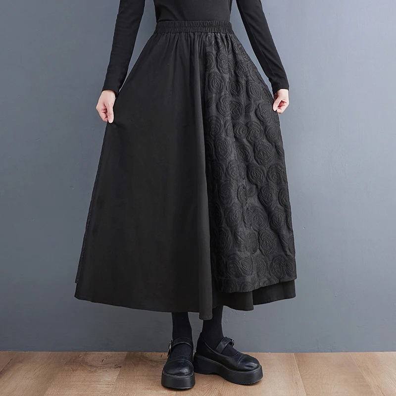 Loose Women's Half Skirt Fish Scale Pattern Splicing Design Artistic Style High Waist Polyester Cotton Blend A-Line Skirt