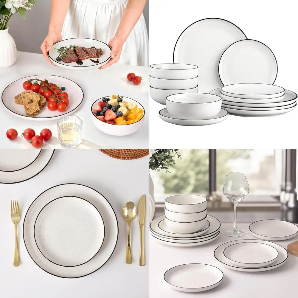 Juego de vajilla de cerámica de 12 piezas para 4, blanco con borde negro, diseño moderno, apto para microondas y lavavajillas