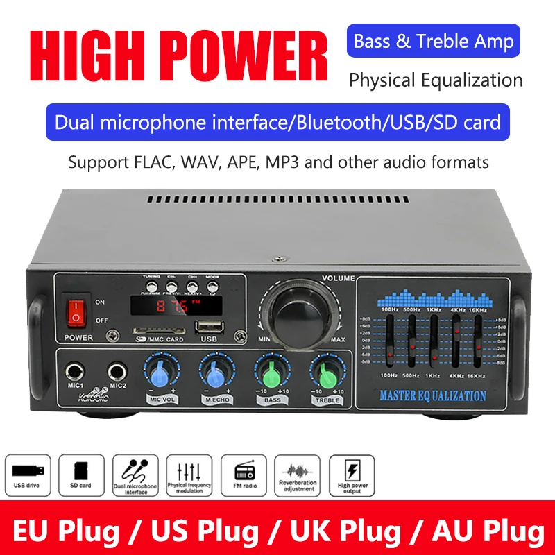 

High Power Amplifier 2.0 Channel Audio Home Theater Amplifiers DC 12V 110V/220V Support FM SD USB Dual Mic Bluetooth Remote