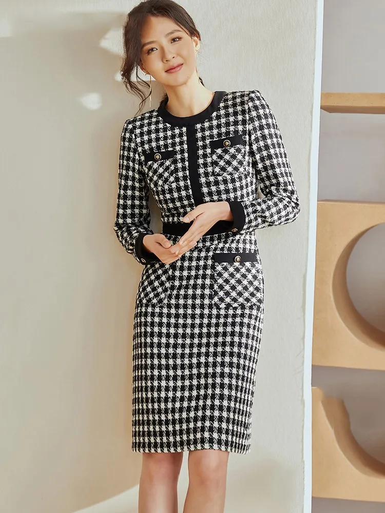 

Thousand-bird lattice patchwork dress new slim tweed mid-length dress