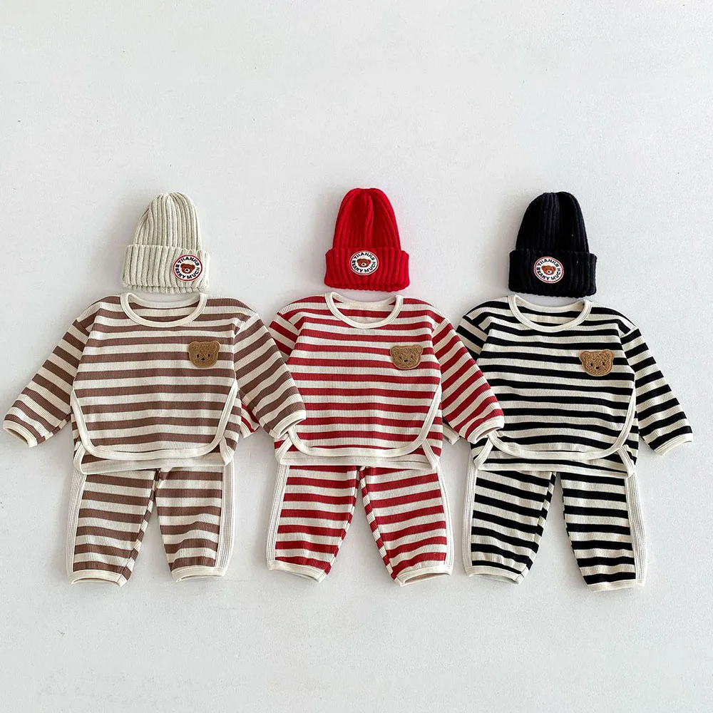 MILANCEL Autumn Kid\'s Pullover Set Girls Waffle Striped Hoodies Suit Boys Cartoon Bear Top+Pants Casual 2Pcs Children\'s Outfit