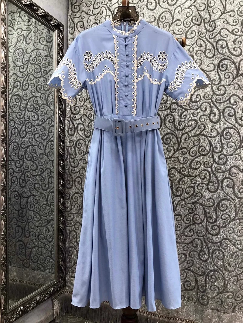 

100%Cotton Dress 2024 Summer Style Women Hollow Out Embroidery Belt Deco Short Sleeve Mid-Calf Blue Grey Elegant Dress Luxury