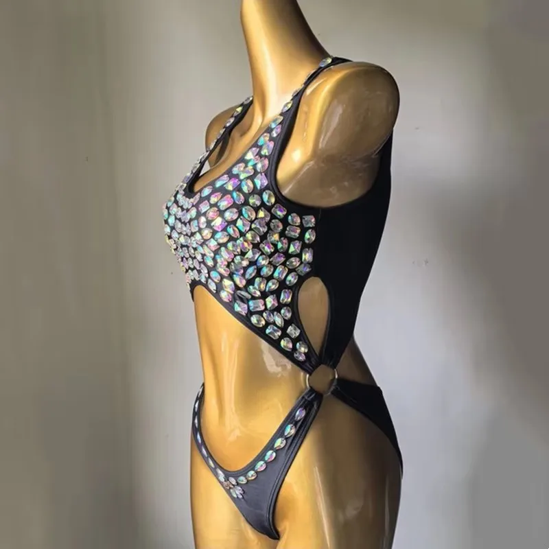 Body con diamantes de imitación para mujer, Bikini de una pieza, traje de baño Sexy para Club, DJ, equipo de baile, actuación en la playa, fiesta, club nocturno