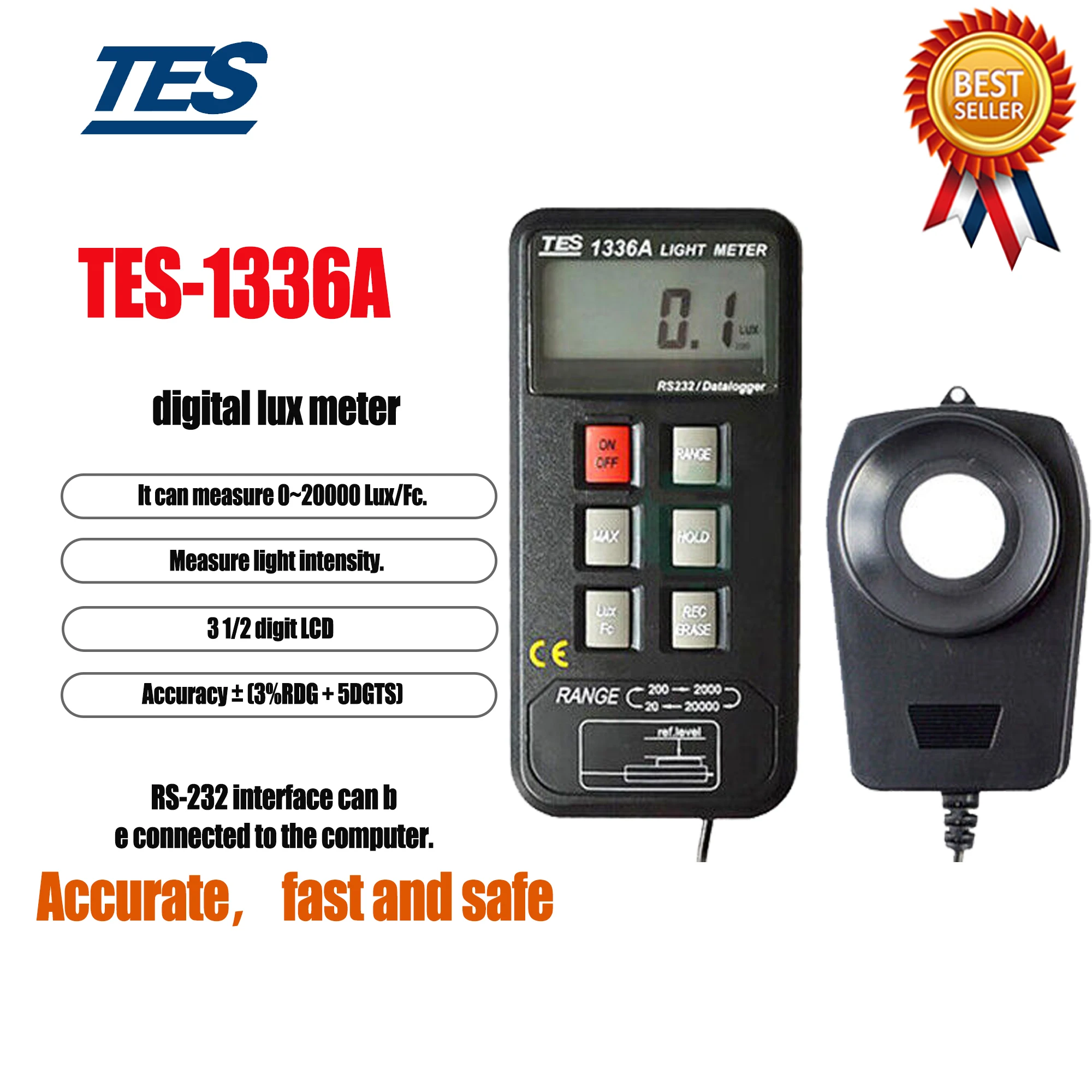 TES-1336A Light Meter LUX Meter USB Interfaace Digital illuminance Meter Measuring Range 20/200/2000/20000 Lux .