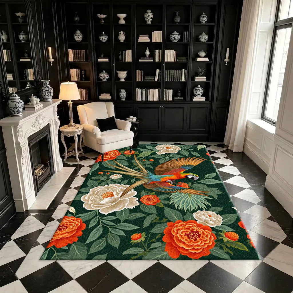 Tropical Parrot Peony Floral Art Carpet Fashionable Home Printed Carpet Decoration Suitable for Home Living Room Lounge