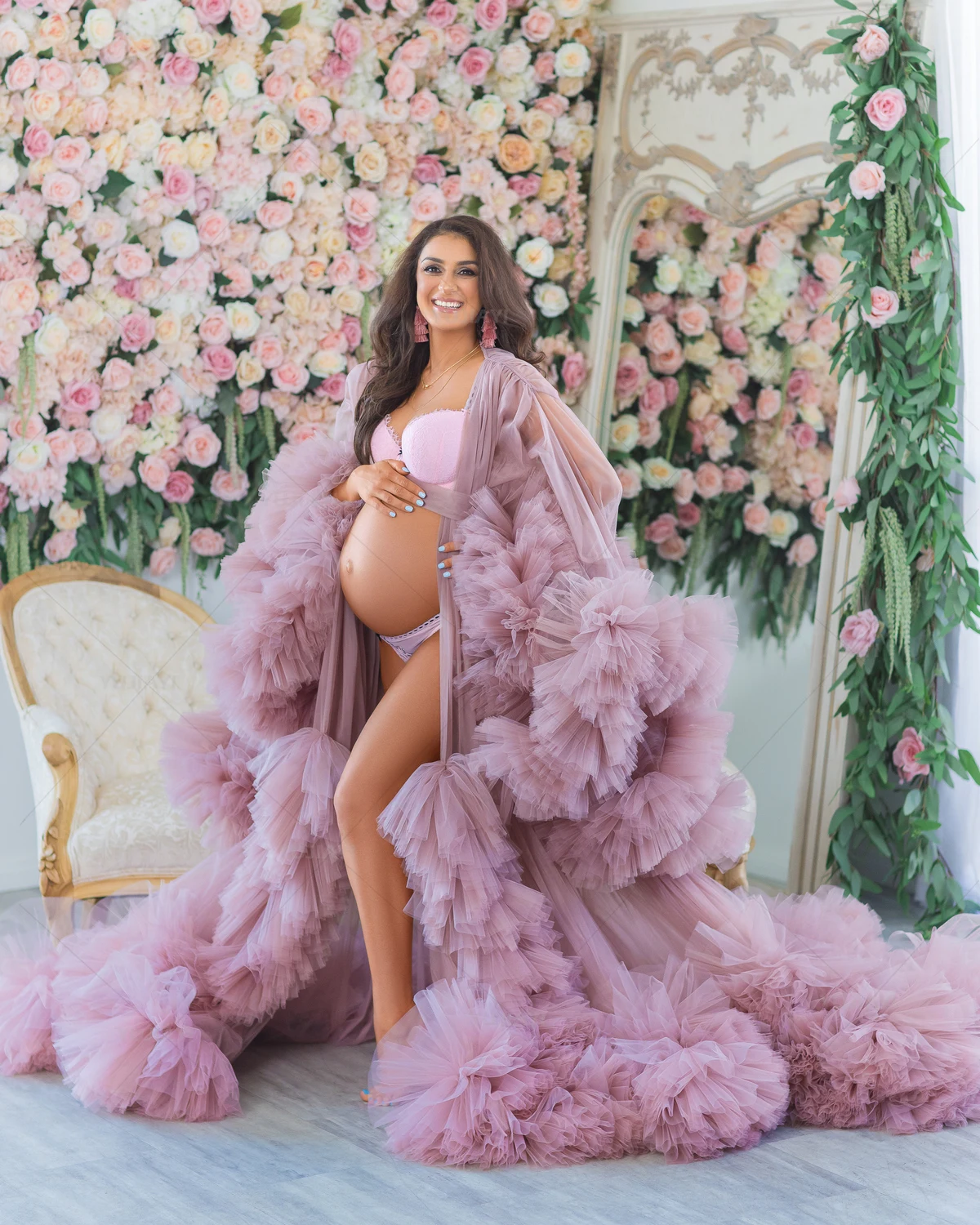 Women Prom Dresses Maternity Pregnant Robe Tiers Ruffles Pregnant Women Dresses Fluffy Long Sleeves Babyshower Gown Photoshoot