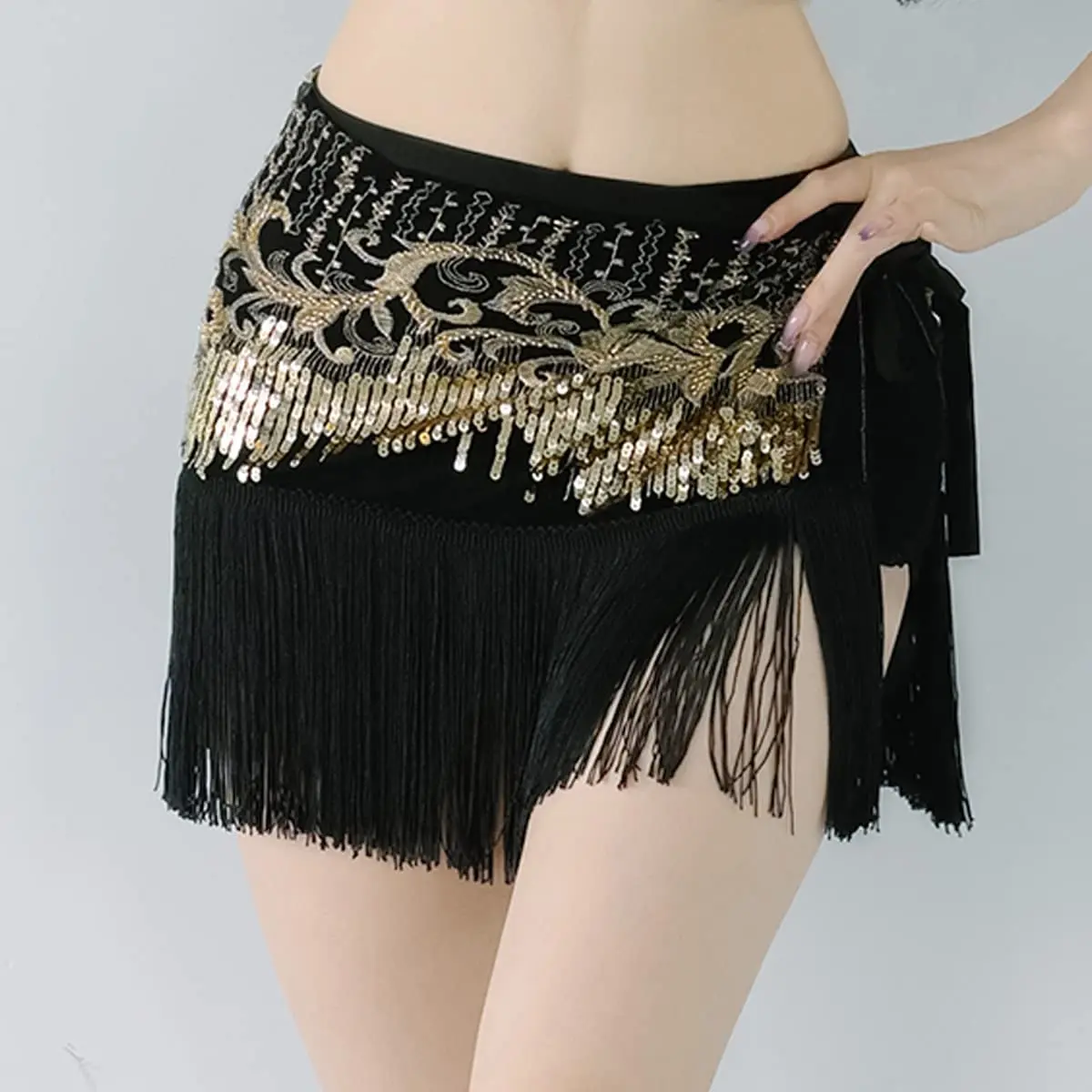 Damski szalik do tańca brzucha Tribal Triangle Tassel Wrap Hip Scarves Skirt Regulowana sznurowana talia Błyszczący kostium do tańca brzucha