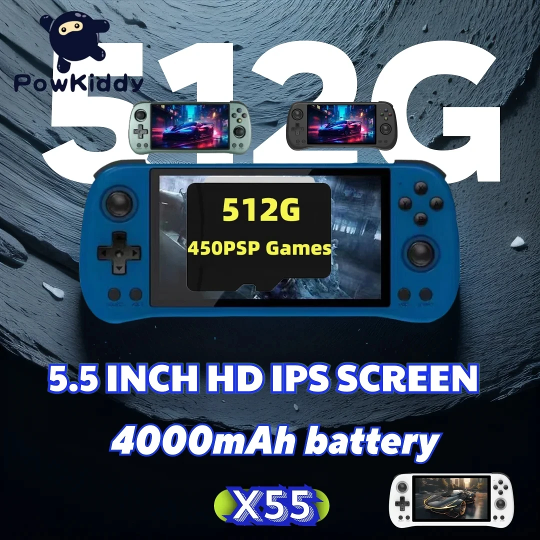 

POWKIDDY X55 5.5 INCH Handheld Portable Video Game Consoles EE Linux System TV HDMI Retro Player 512G 92000 Games PSP PS1Gift