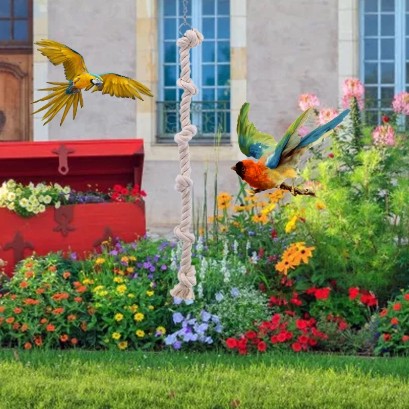 E15D Bird Rope Ladder Cotton Rope with Knots for Cage Hanging Bungee Toy for Cockatiels Conures Finches Small Parakeets