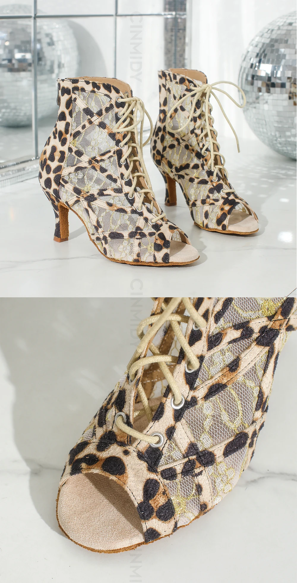 CINMIDY Modische Spitzen-Mesh-Tanzstiefel für Damen, Weiche Sohle, Salsa-Tango-Latin-Tanzschuhe, Leopardenmuster, Pole-Dance-Stiefel, Partyschuhe – Detail 14
