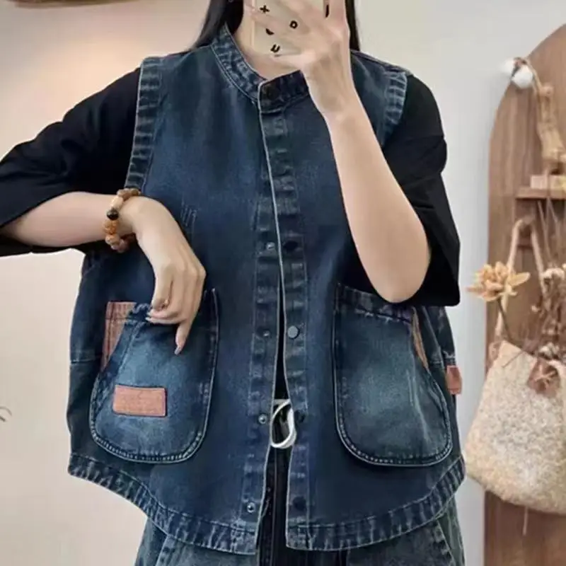 Women Denim Vest Spring Summer Stand Collar Color Matching Vintage Jeans Vest Chinese Style Vintage Sleeveless Jacket Female Top