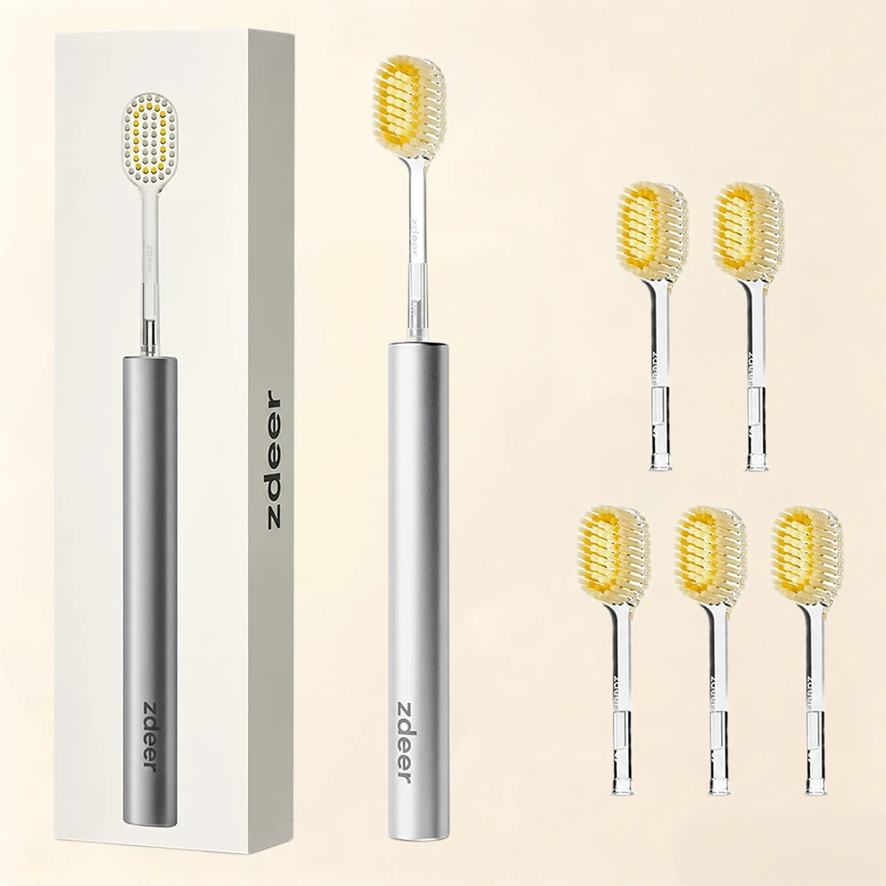Manual Toothbrush with Metal Handle, 5pcs Soft Replaceable Brush Heads, Sensitive Gum Premium Reusable Oral Care Kit for Adults