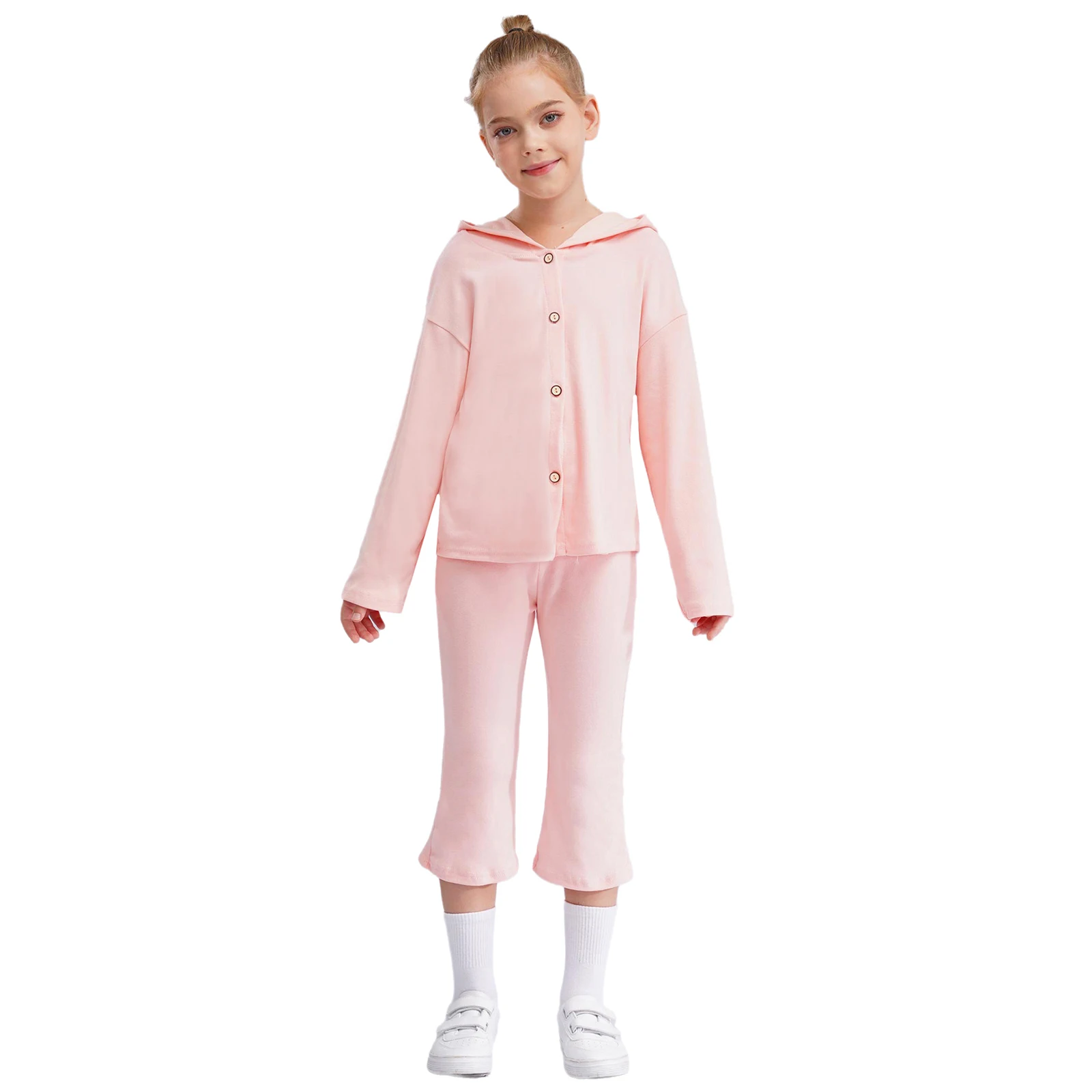

Soft Wear Long Sleeve Pajamas Kids Girls Fashion Casual Daily Outfit Homewear Loungewear Button Hooded Tops with Flared Pant Set