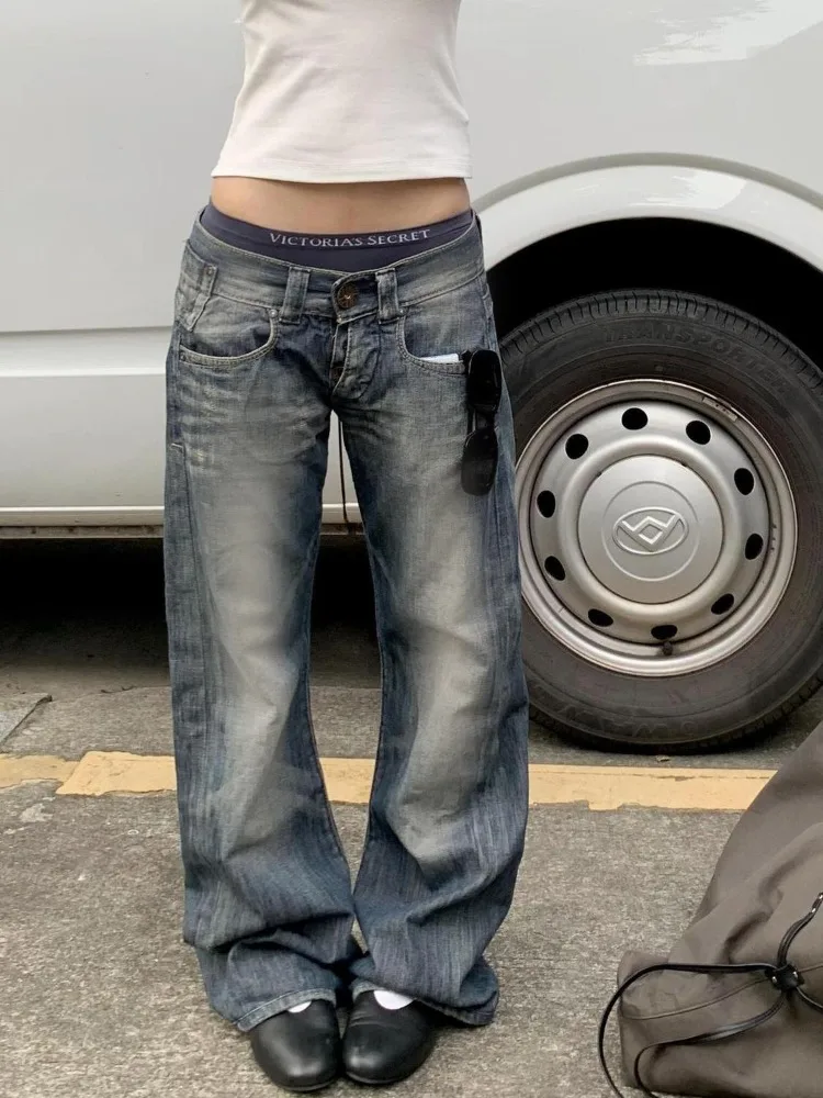 Damskie jeansy Deeptown Blue Vintage Y2k, sprane, Harajuku, z niskim stanem, w stylu japońskim z lat 2000, luźne spodnie dżinsowe, baggy, amerykański streetwear, jesień. — zdjęcie 2