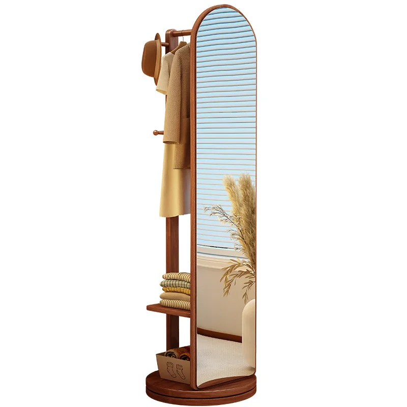 Solid wood hanger, bedroom floor-to-ceiling household coat rack with mirror, living room corner storage rack, rotatable rack
