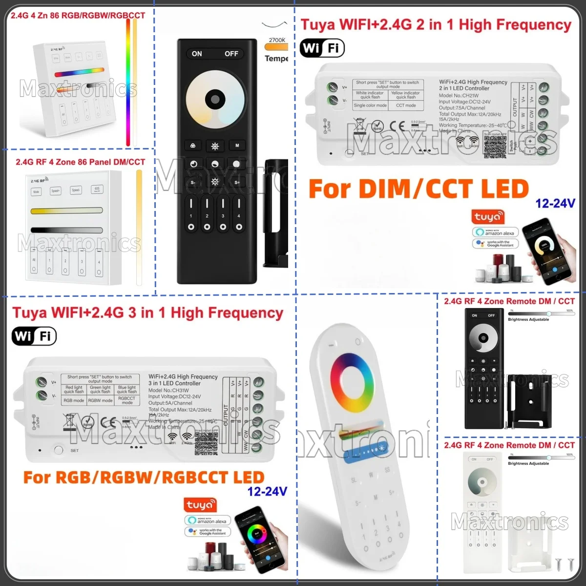 

Контроллер LED-лент Tuya WiFi высокочастотный, с радиочастотным пультом 2.4G, голосовым управлением Alexa Google Home, 2-в-1 CH21W Dim CCT / 3-в-1 CH31W RGB RGBW