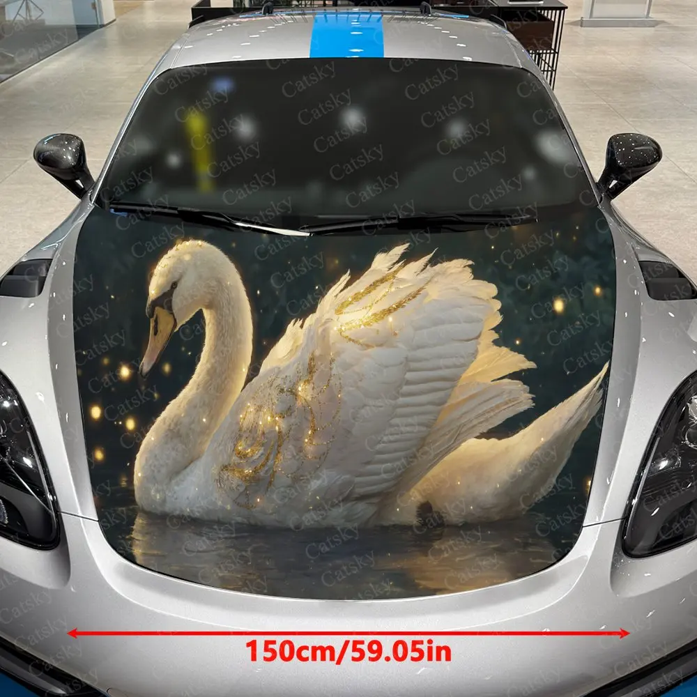 Gilded Crowned Swan Resting in Pond Car Vinyl Wrap, PVC Waterproof Car Hood Sticker, Self-Adhesive Scratch-Resistant Stickers