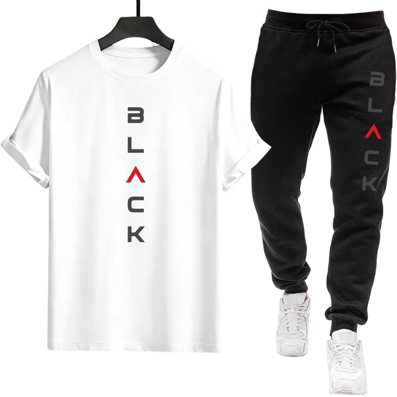 Male Spring Summer Home Outdoor Comfort Tees Set Black Letter Print Mens Tracksuit T-shirt + Pants Urban Causal Sports Outfit