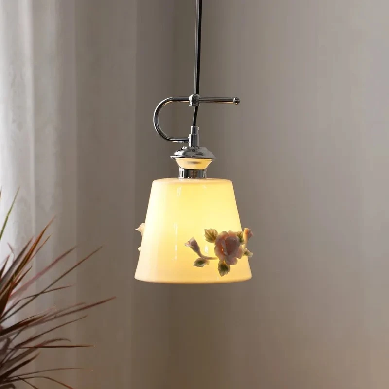 French Handmade Pinched Flower Ceramic Pendant Lights Vintage Style Led Chandeliers Bedroom Bedside Small Hanging Lamps Home Use