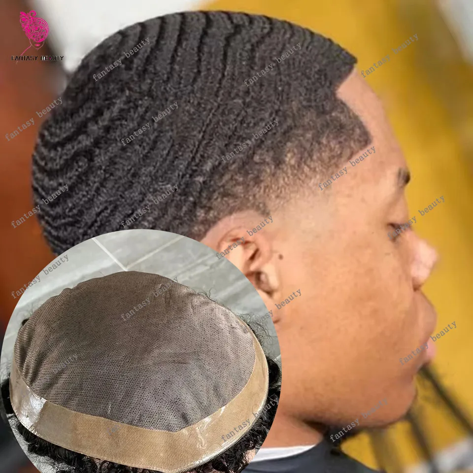 

8 мм 10 мм Глубокая волна Африка Американский Коричневый Блондин Черный Мужские Дышащие 100% человеческие волосы 360 Волны Стрижка Парик Мужской протез