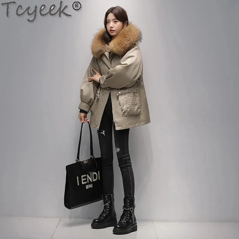 23 Tcyeek Raccoon Collar Winter Elegant Mid-long Parka Women Warm Rex Rabbit Fur Liner Detachable Coat Woman Clothes