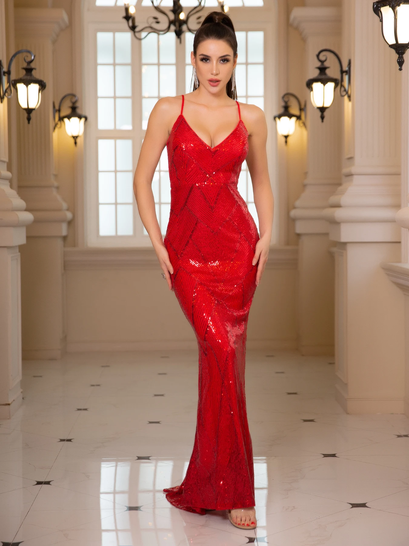 Backless Sleeveless Sequined Evening Dress Gold Red Slim V Neck Mermaid Prom Gown