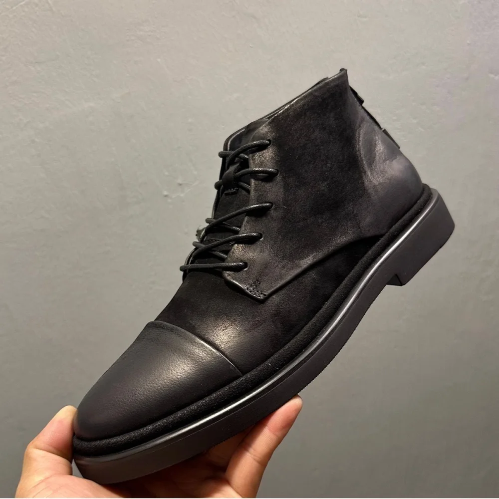 QHCCID High-top men's genuine leather Korean-style retro handmade matte Cow leather soft-soled anti-slip high-top leather shoes