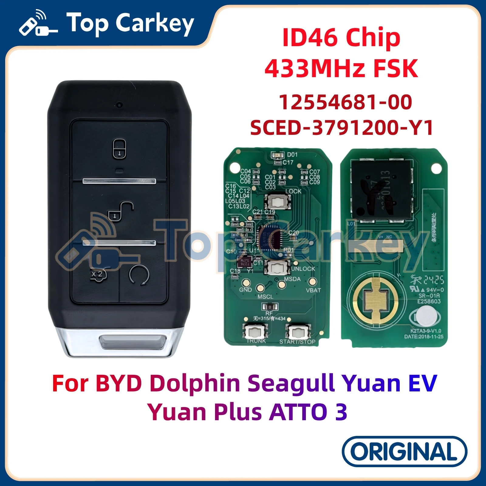 

TopCarkey SCED-3791200-Y1 12554681-00 Оригинальный чип дистанционного ключа ID46 433 МГц для BYD Дельфин Чайка Юань EV Plus ATTO