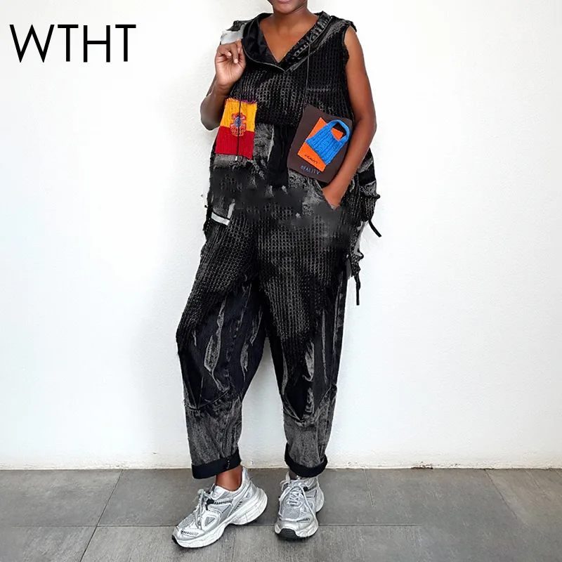 

WTHT модный женский вязаный джинсовый жилет с капюшоном, эластичные прямые брюки с высокой талией, женские брюки, осень 2021, 1LS2461