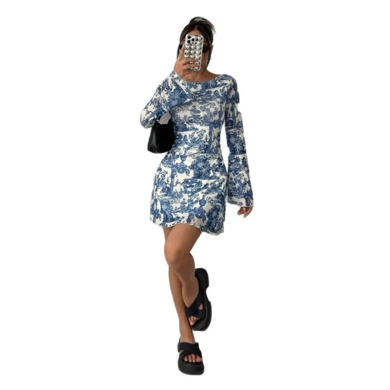 2025 Vintage Print Bodycon Dress Elegant Flare Long Sleeve Slim Fit Mini Dress Sexy Backless Boho Chic Party Dress Women Outfit