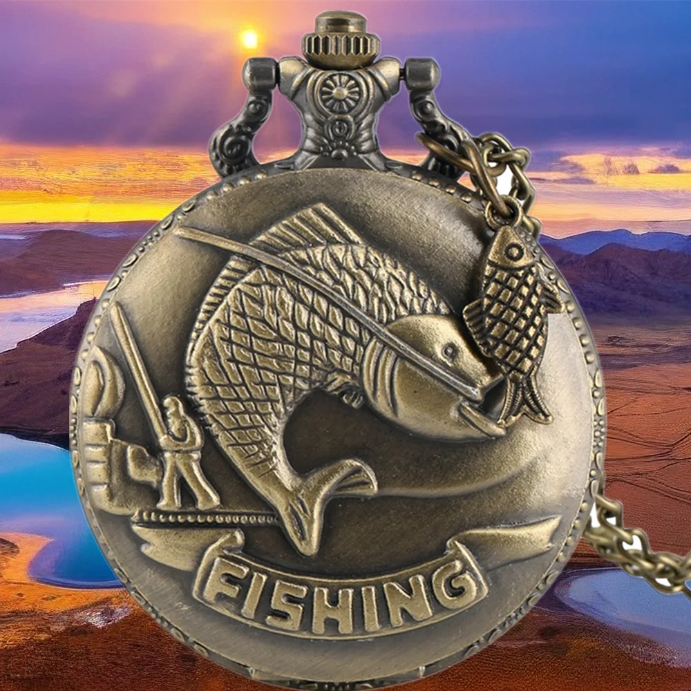 Bronze Fishing Pocket Watch Vintage Steampunk Quartz Pocket Watch with Necklace Chain Fashion Best Gift for Male Men Clock