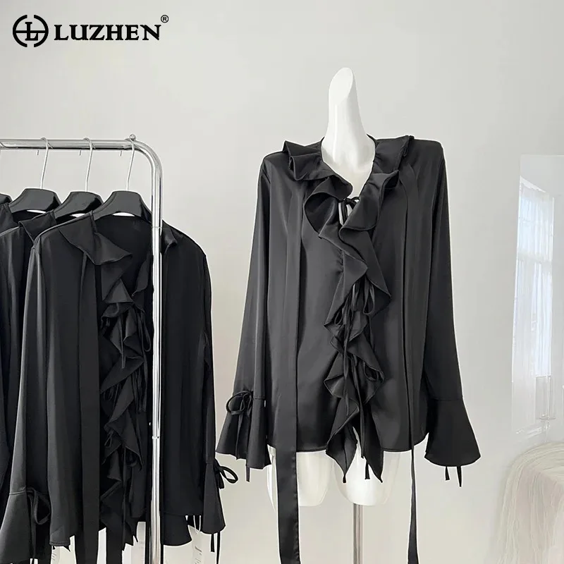 

LUZHEN Fashion Irregular Ruched Splicing Design Long Sleeve Shirts Women's 2024 Autumn Elegant Casual Solid Color Blouse AA1161