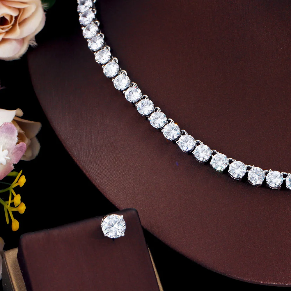 CWWZircons Atemberaubendes Großkarat-Rund-CZ-Tennis-Halsketten- und Ohrring-Set Luxuriöses Brautschmuck-Set für Hochzeit und Abendveranstaltungen Großhandel T0511 – Detail 4