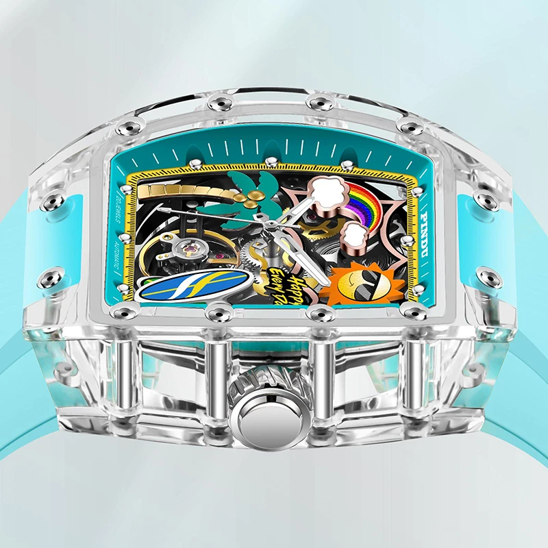 Il tema PINDU Watch Summer Beach combina il design di onde marine e l'atmosfera estiva con colori vivaci per l'orologio meccanico da uomo