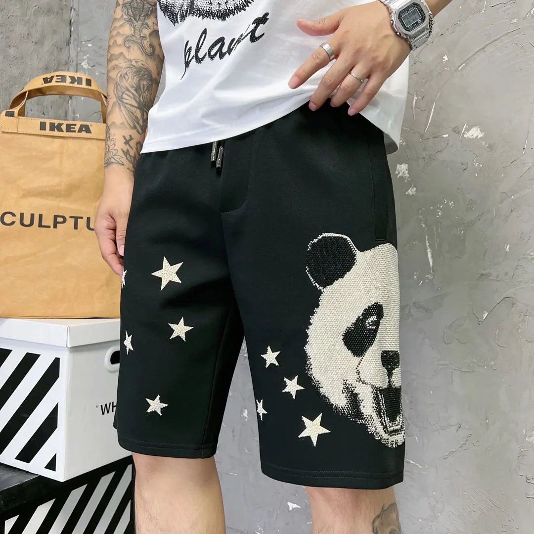 Trendy Panda Hot Drilling Knee-length Pants for Men Large Size Black Straight Pants 2023 New Summer Diamonds Printing Shorts