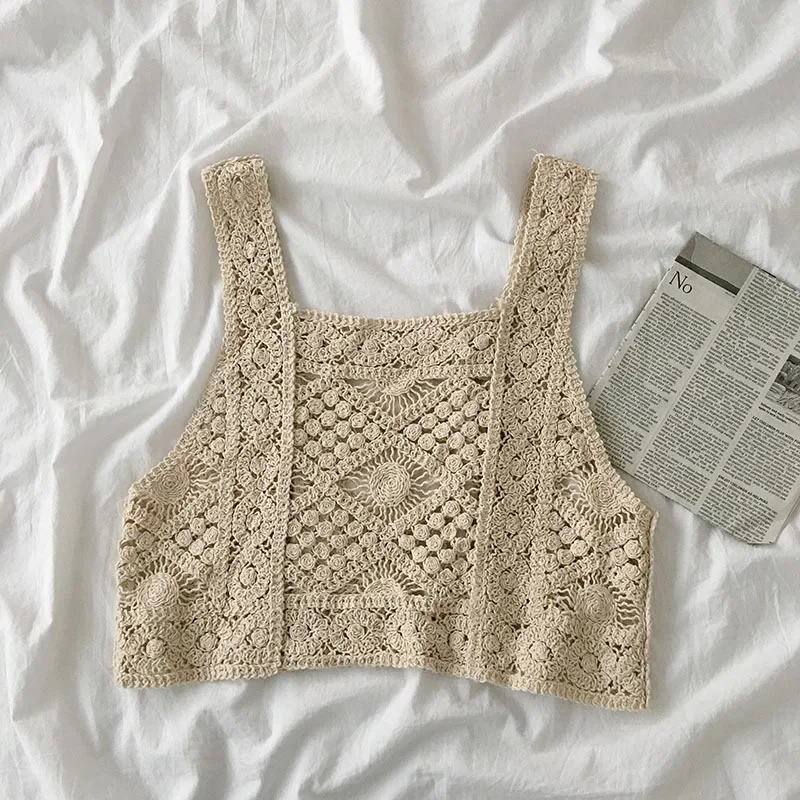 Women Vintage Crochet Camisole Bohemian Hollow Out Geometry Floral Knitted Vest Slim Sleeveless Crop Top Beachwear