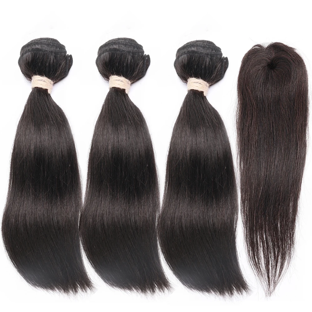 Rambut Manusia Lurus Brasil Dengan Closure 8-12 inci, Bundel Lurus Dengan Closure Bundar, 100% Rambut Manusia Remy