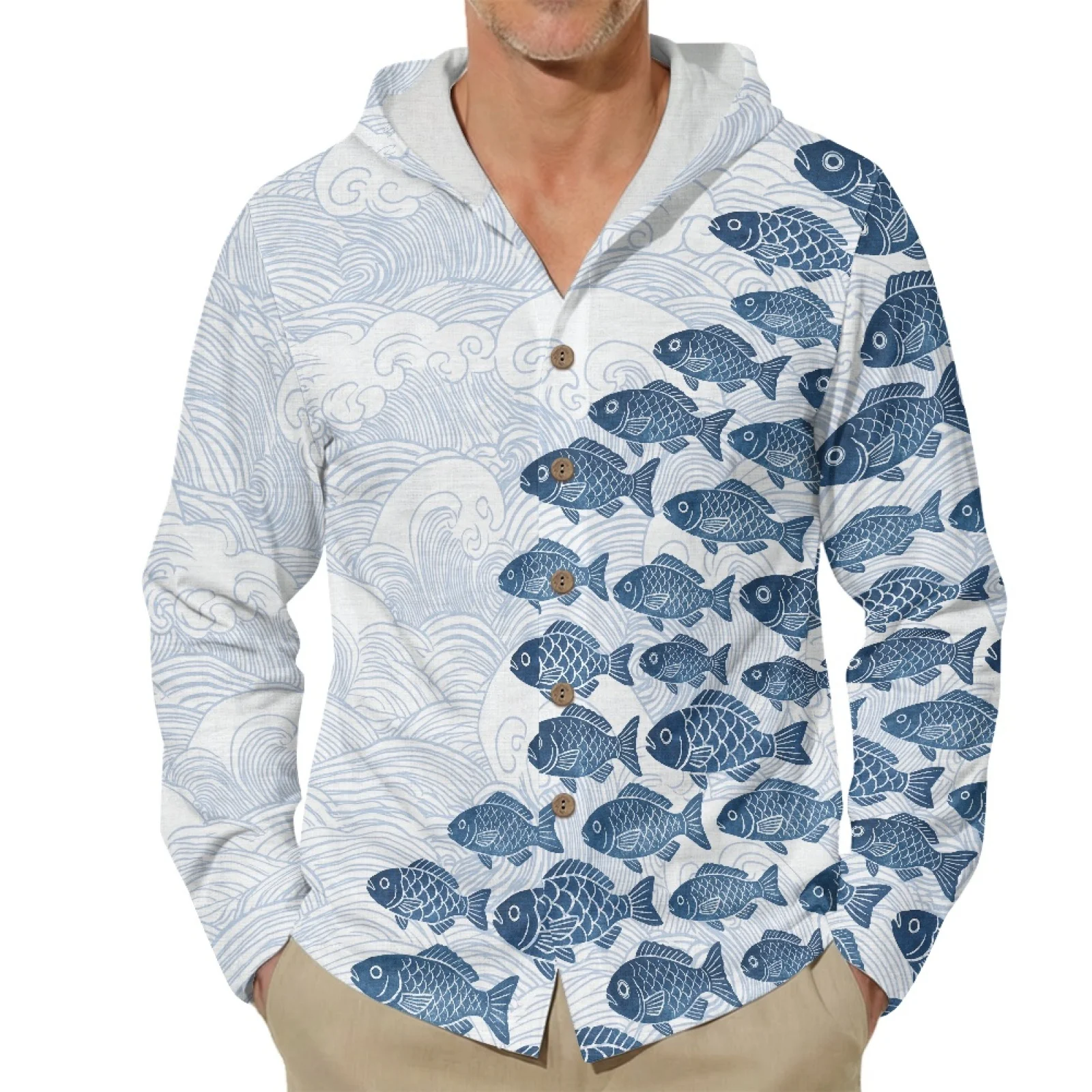 PENSTROLL Blue Fish Print Linen Like Summer Beach Hoodies Lightweight Button Front Hooded Summer Tops for Male Size S-3XL