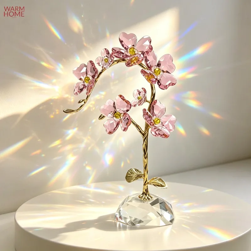 Pink Crystal Flower Phalaenopsis Ornament Gold Metal Branch Desktop Figurine Sparkle Crystal Base Tabletop HomeDecor Statue Gift