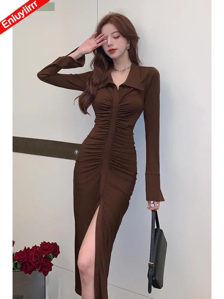 New Year Feminine Vestidos 2022 Women Button Single Breasted Elegant Bodycon bandage Pencil Long Split Slit Sexy Shirt Dress