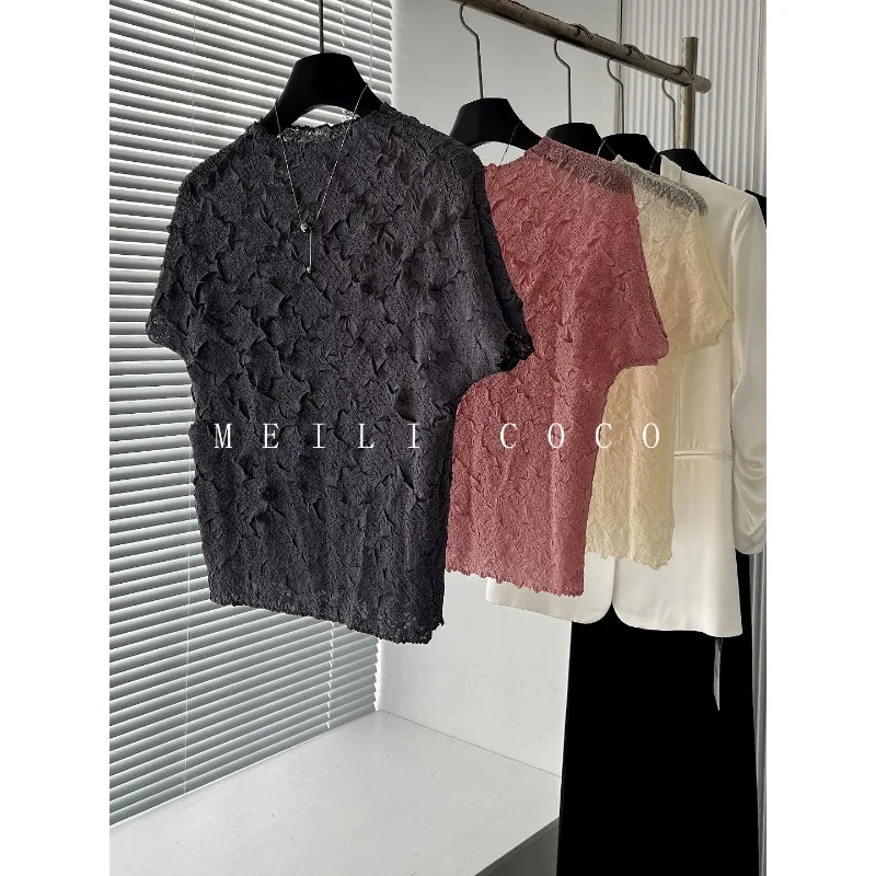 Miyake Pleated T-Shirt 2026 Hand-Embossed Pleats Short-Sleeve T-Shirt Solid Commuter-Friendly Versatile Top Women's New Summer