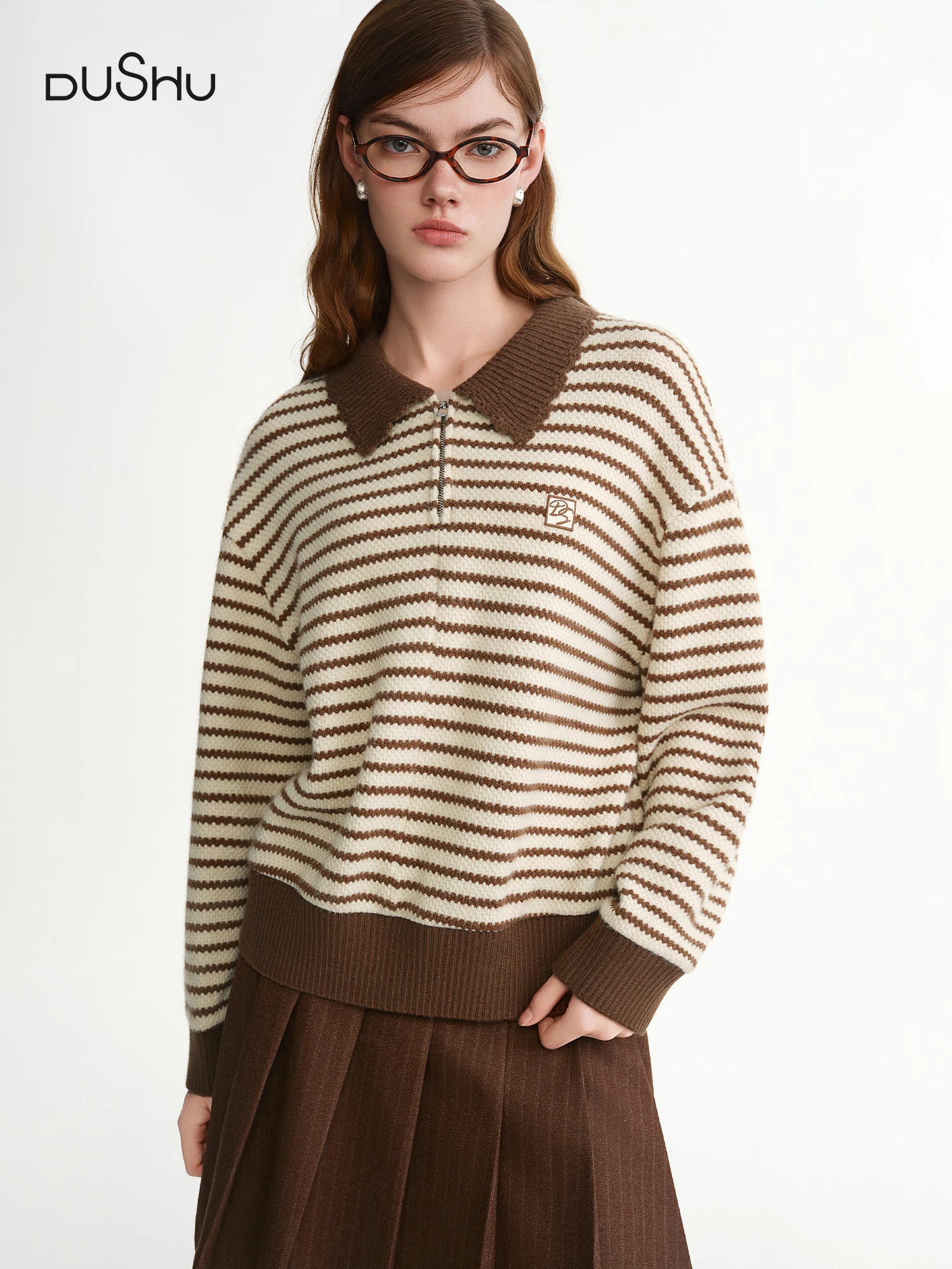 

DUSHU Turn Down Collar Contrast Striped Knit Sweater 2025 Winter Casual Retro Loose Sweater Sweet Age-reducing Korean Style Soft