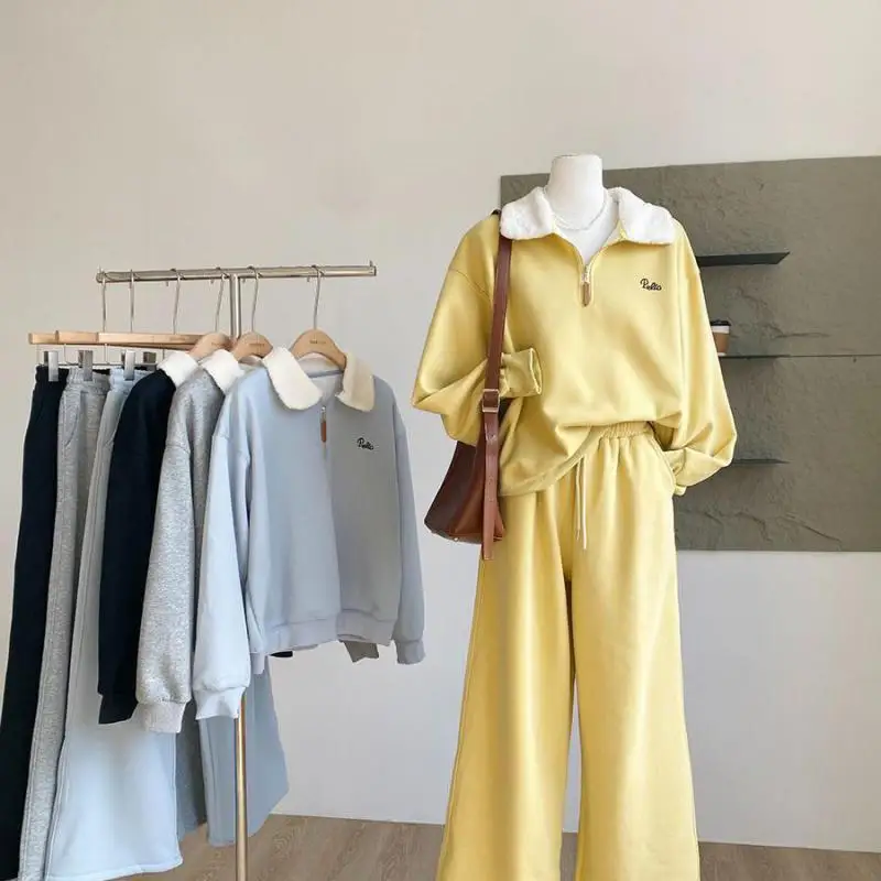 

Winter Thicken Fleece Sweatshirts Women Two-piece Suit Casual Sports Sets Female Short Coat Straight Pants 2-piece Set