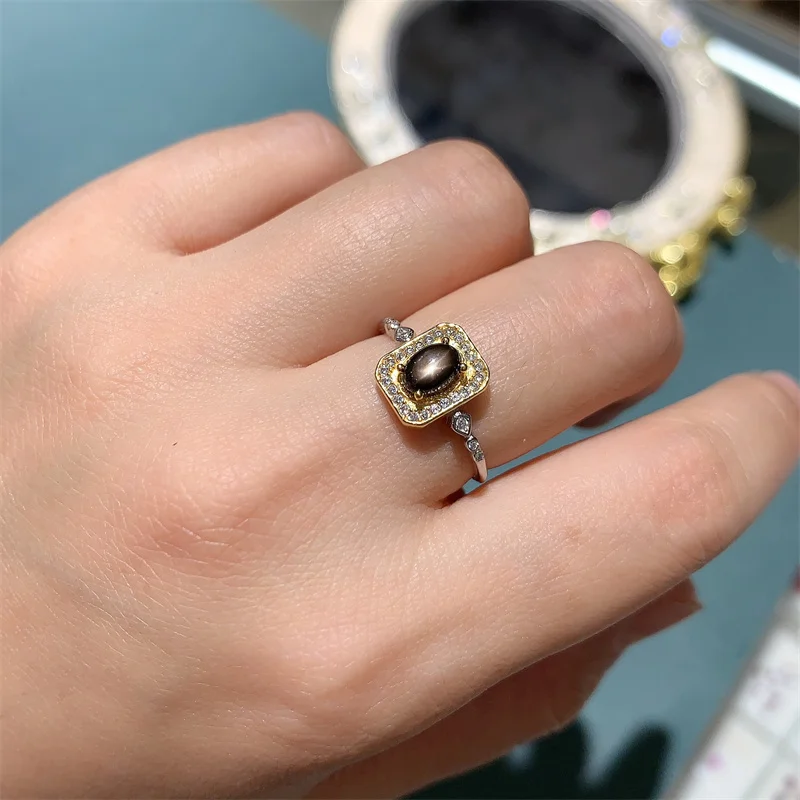 Star Sapphire Wedding Ring for Women S925 Sterling Silver Adjustable Size Ring Gemstone with Certificate