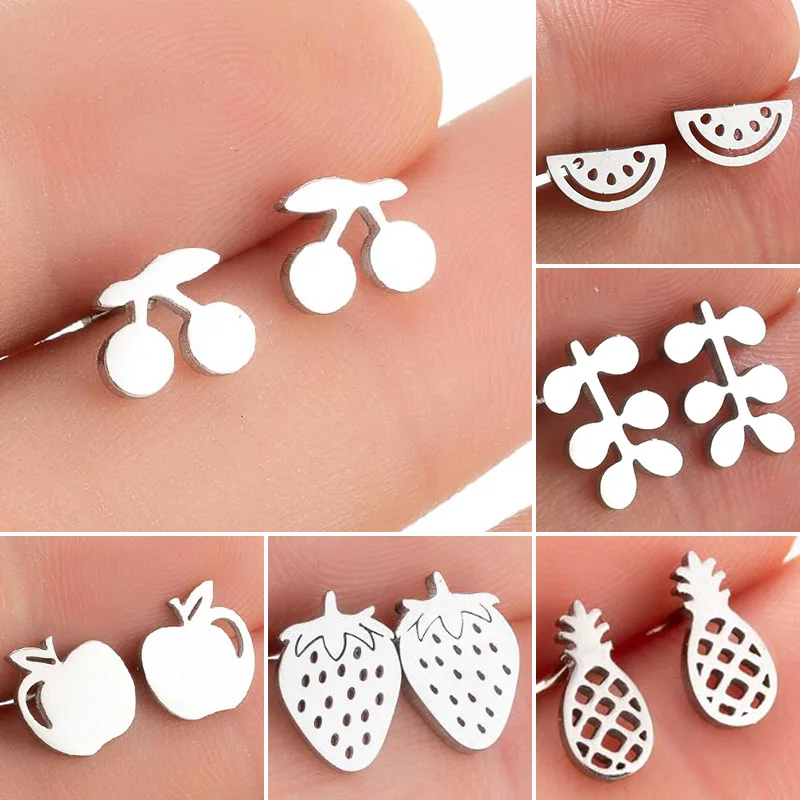 SMJEL Summer Cherry Earrings Ladies Stainless Steel Fruit Stud Earrings Small Watermelon Apple Pineapple Unique Jewelry Gift