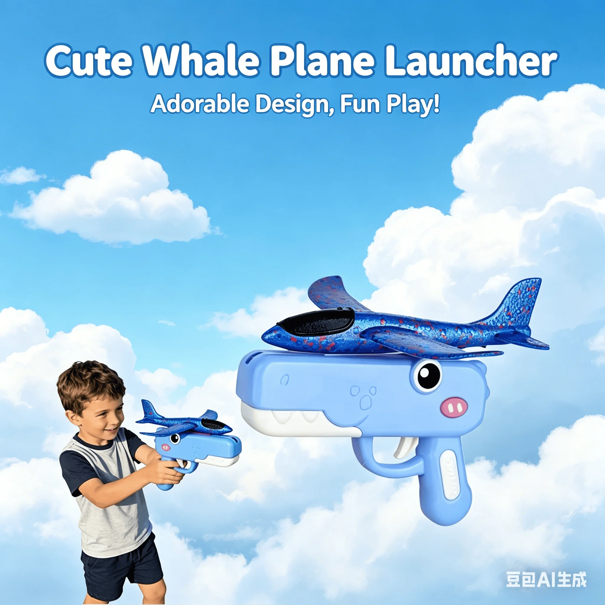 Cute Whale Shaped Airplane Launcher Toy Gun Kids Foam Plane Catapult Outdoor Backyard Interactive Game Easy-to-Operate Birthday