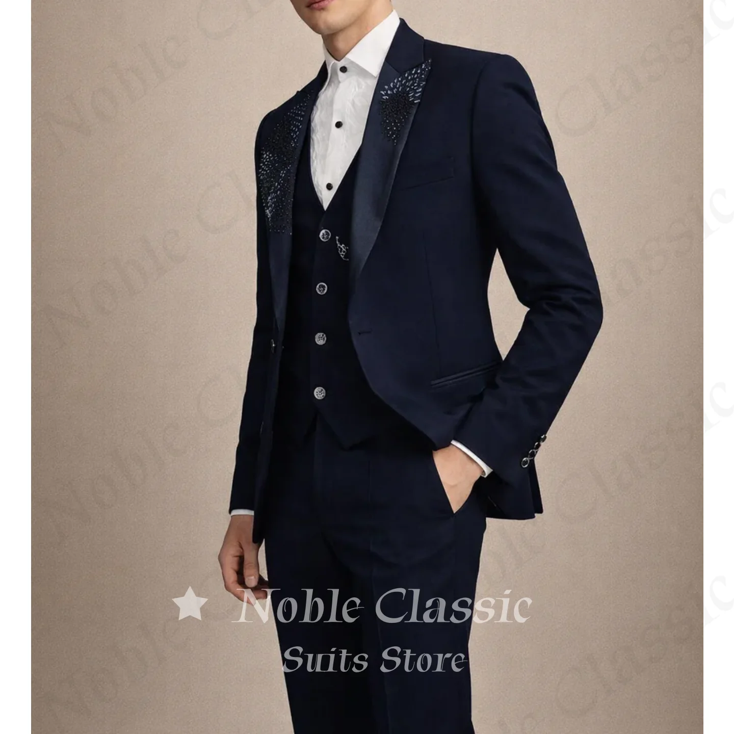 Classic Men's Navy Blue Beaded Embellished Tuxedo 3 Piece Suit Slim Fit Blazer Vest Pants Formal Wedding Guest Customized