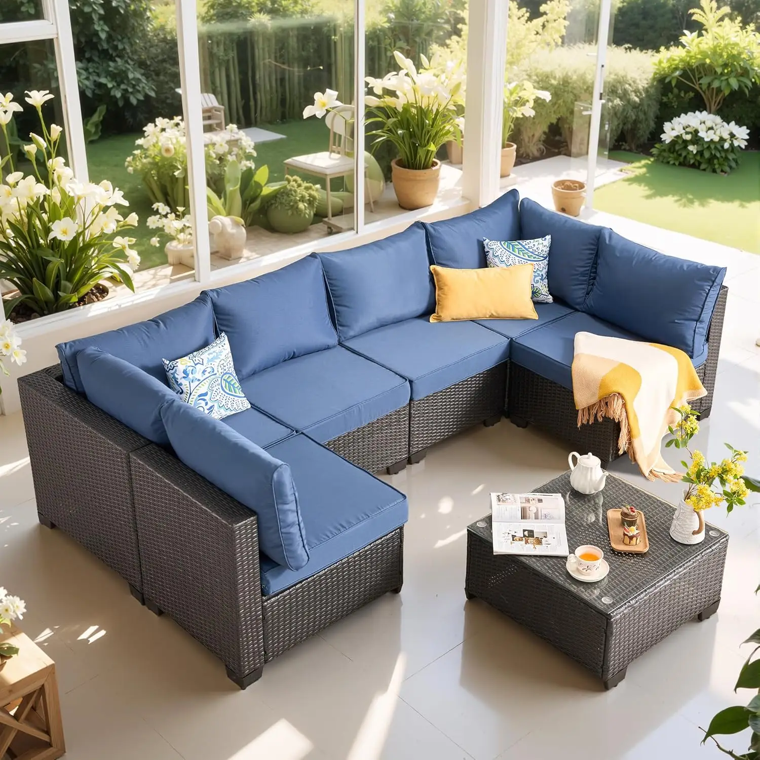 7pcs Patio Furniture Set Outdoor Wicker Sectional Sofa with Coffee Table for Balcony Backyard Poolside Garden Lawn, Customized