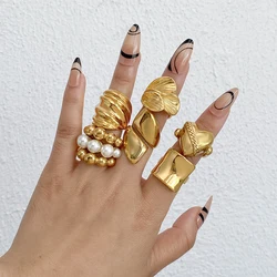 Greatera Chunky Stainless Steel Rings for Women Aesthetic Heart Pearl Geometric Finger Ring Gold Plated Waterproof Jewelry Gift