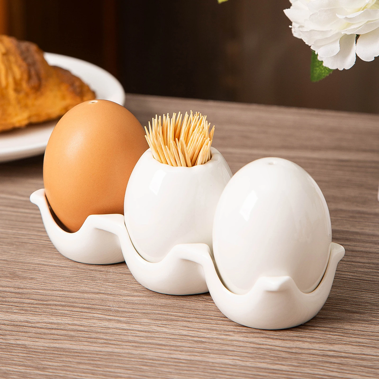 Cute Egg Design Ceramic Salt Pepper Shaker Set with Tray Kitchen Condiment Jar Spice Storage Bottle